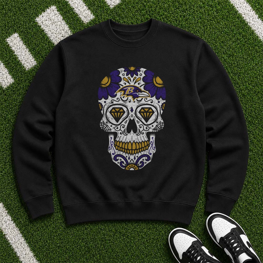 Sugar Skull Day Of The Dead Dia De Los Muertos Latino Fan Baltimore Ravens NFL T-Shirt Sugar Skull Day Of The Dead Dia De Los Muertos Latino Fan Baltimore Ravens NFL T-Shirt