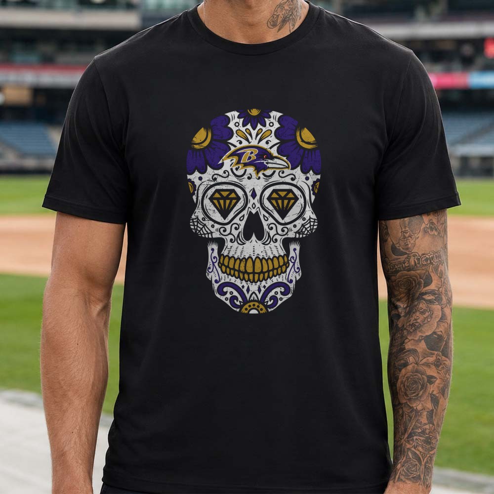 Sugar Skull Day Of The Dead Dia De Los Muertos Latino Fan Baltimore Ravens NFL T-Shirt Sugar Skull Day Of The Dead Dia De Los Muertos Latino Fan Baltimore Ravens NFL T-Shirt